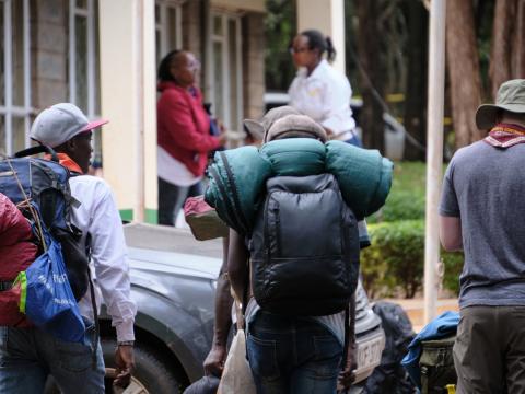 Scouts arrive with the backpacks ready at the Africa Rover Moot