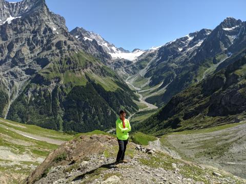 The white patch on the mountains behind me is what remains of the Kanderfirn glacier, which has been receding for decades due to excessive heat.