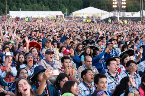 Thousands of Scouts gather outside during a Jamboree