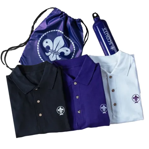 scout shop branded polo shirts, water bottle and bag